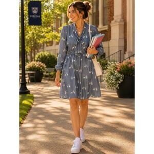 Yumi Polar Bear Print  Bow Dress Slate Blue 3/4 Sleeve XS US 4